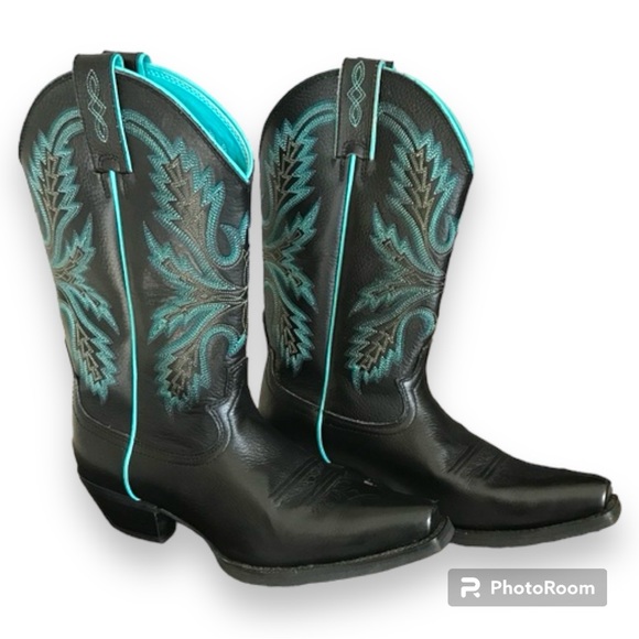 Justin Cowboy silver line Cowgirl Boots Black Blue Stitching EUC - Picture 1 of 9